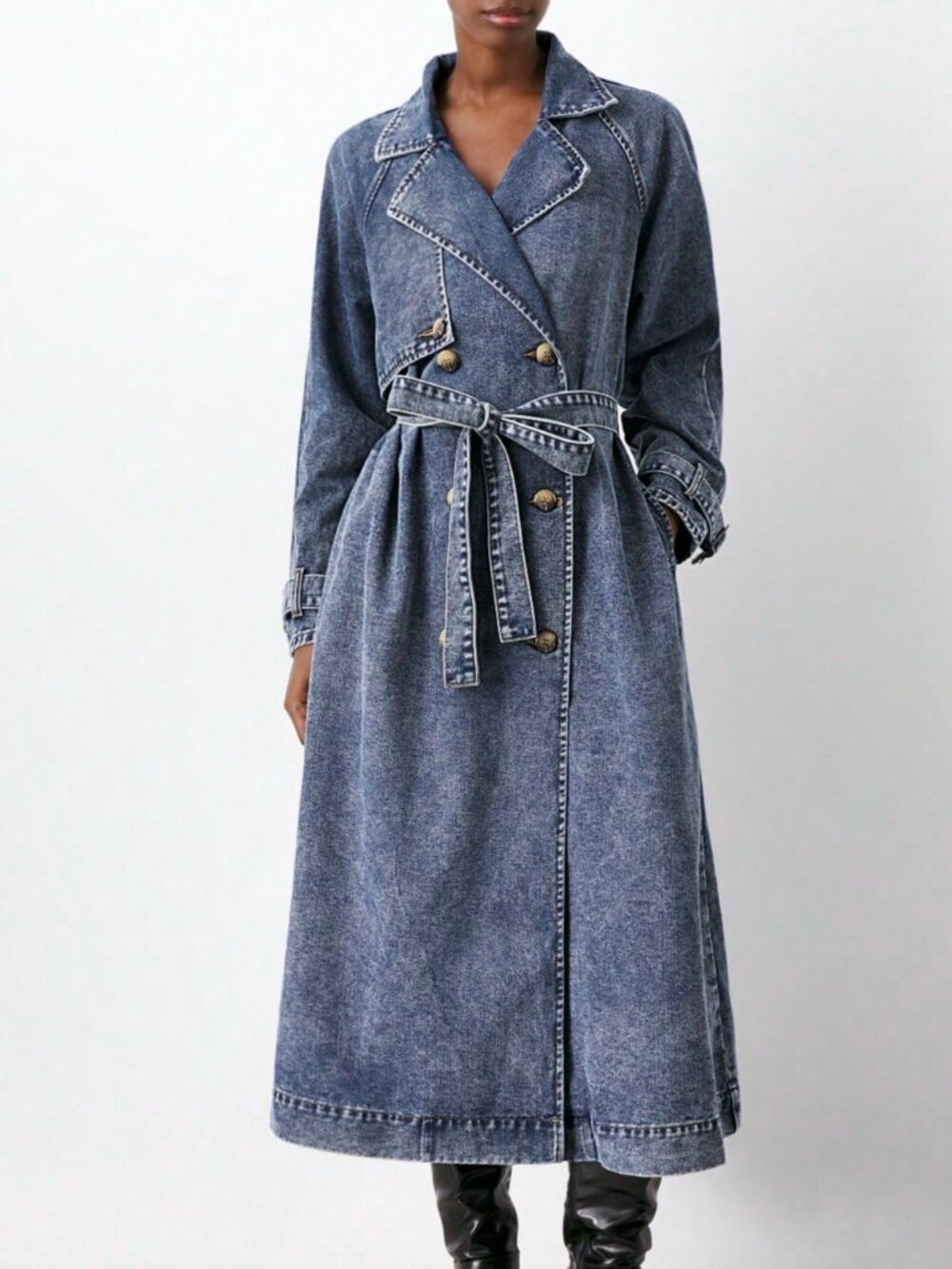 Medium Wash Casual Women's Denim Trench Coat - Picture 3 of 7